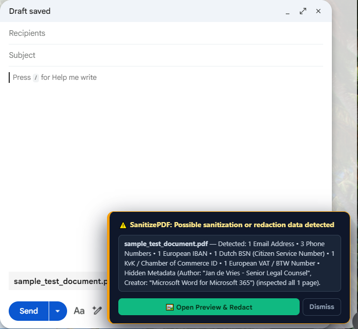 SanitizePDF Gmail and Outlook Web attachment drop interceptor warning modal
